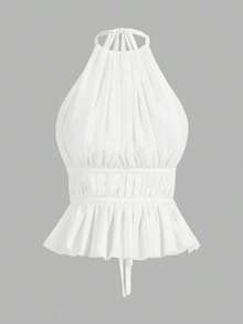 Top de tirantes sin espalda con cuello de halter y cintura anudada plisada para mujer - Blanco - Ver 12