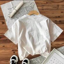 Camiseta de manga corta estampada 100% algodón, estilo americano, a la moda, holgada, versátil y retro, novedad de verano 2025 para mujer. - Negro - Ver 3