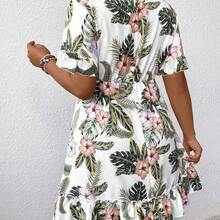 Plus Size Women's Plant And Floral Print Front Tie Dress, Suitable For Summer - Verde - Ver 3