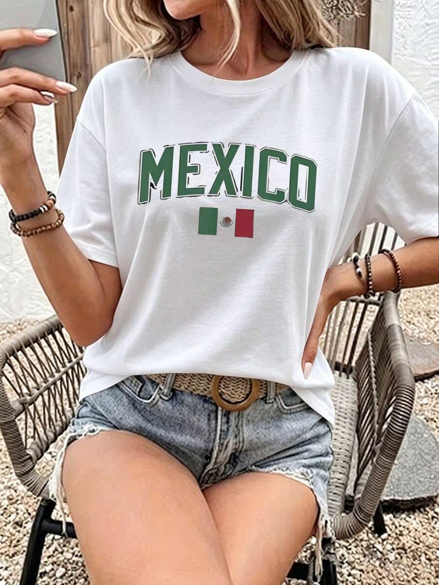 Playera Oversize Mujer "México Bandera Verde" - Blanca con Estampado Patriótico y Mundial - Blanco - Ver 1