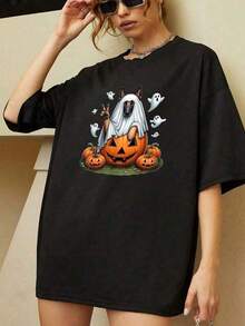Women's Halloween T-Shirt, Fun Graphic Tee With A Ghost Pumpkin And Dog, Fashionable Loose Fit, High-Quality Fabric, Unique Halloween Costume Idea, Comfortable For Everyday Wear. A5WV E3IO - 黑色 - 查看 5
