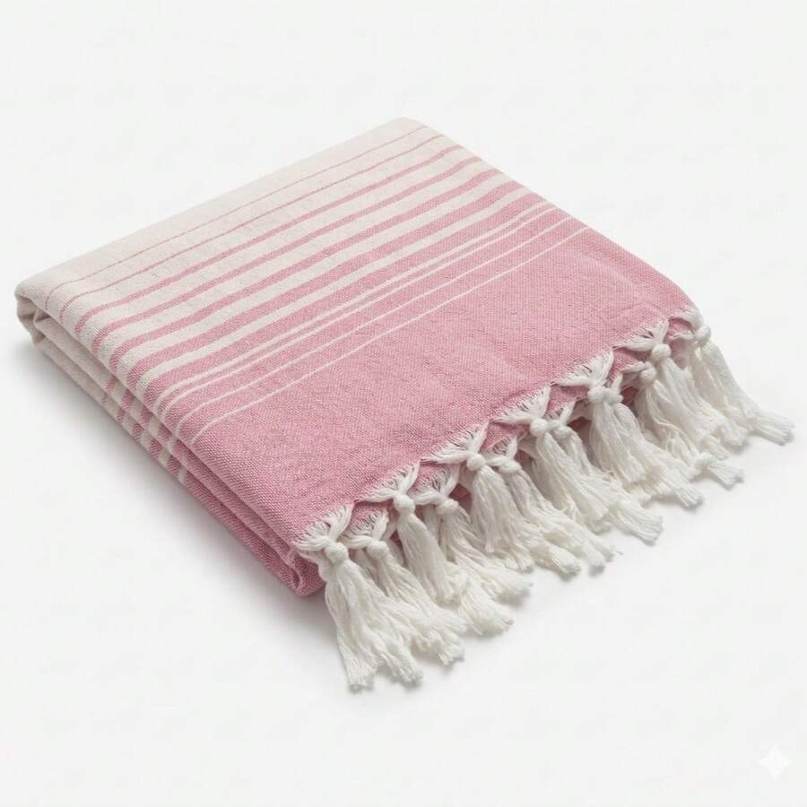 100% Cotton Turkish Beach Towel - Striped Peshtemal with Tassels- Quick-Dry & Soft Boho Beach Blanket - 粉色 - 查看 1