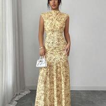 Elenzya Yellow Printed Ruched Waist Slit Elegant Dress For Women - Amarillo claro - Ver 6