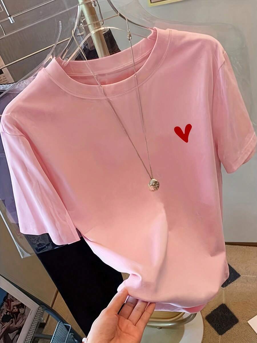 Camiseta manga corta cuello redondo 100% algodón, estampado trendy, tejido ligero y ventilado, estilo moda casual, apta para vida diaria, salidas informales y citas en primavera, verano y otoño - rosa - Ver 1