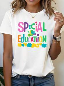 Plus Size - Plus Size - A Stylish And Casual Plus Size Women's Crew Neck T-Shirt With Calligraphy And Colorful Elements, Perfect For Everyday Wear, Shopping, And Gatherings In Spring And Summer - 白色 - 查看 1