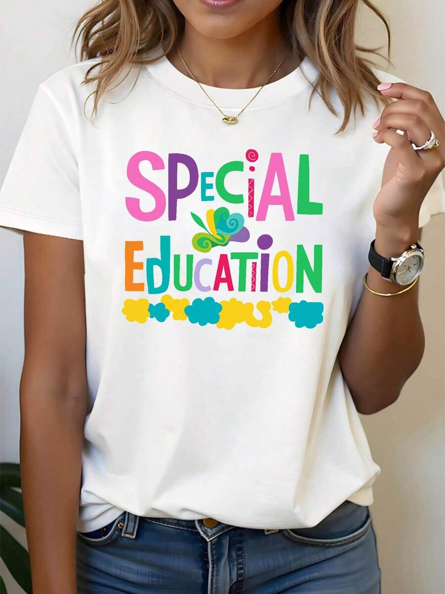 Plus Size - Plus Size - A Stylish And Casual Plus Size Women's Crew Neck T-Shirt With Calligraphy And Colorful Elements, Perfect For Everyday Wear, Shopping, And Gatherings In Spring And Summer - 白色 - 查看 1