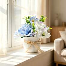 1 Pot Large Artificial Blue & White Mixed Flower Potted Plant, White Pot With Rattan Decor, Fresh Ins Style Fake Flowers & Greenery, Desktop Decor, Home Living Room Bedroom Windowsill Floral Arrangement - Blue and White - View 5