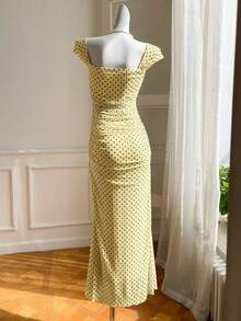 Vestido de verano de cola de pez con dobladillo largo y puntos polka de malla para mujer - amarillo ganso - Ver 2