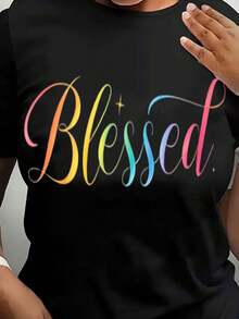 Camiseta de Cuello Redondo Lisa para Mujer - Top Casual Negro de Manga Corta, Lavable a Máquina para Primavera, Verano y Otoño, Cómoda para Uso Diario |   Diseño de Texto Divertido |   Blusas de tela suave y cómoda para mujer, camisetas gráficas de verano para mujer, camiseta casual estampada para mujer, manga corta y cuello redondo, moda urbana local de primavera/verano. - Negro - Ver 3