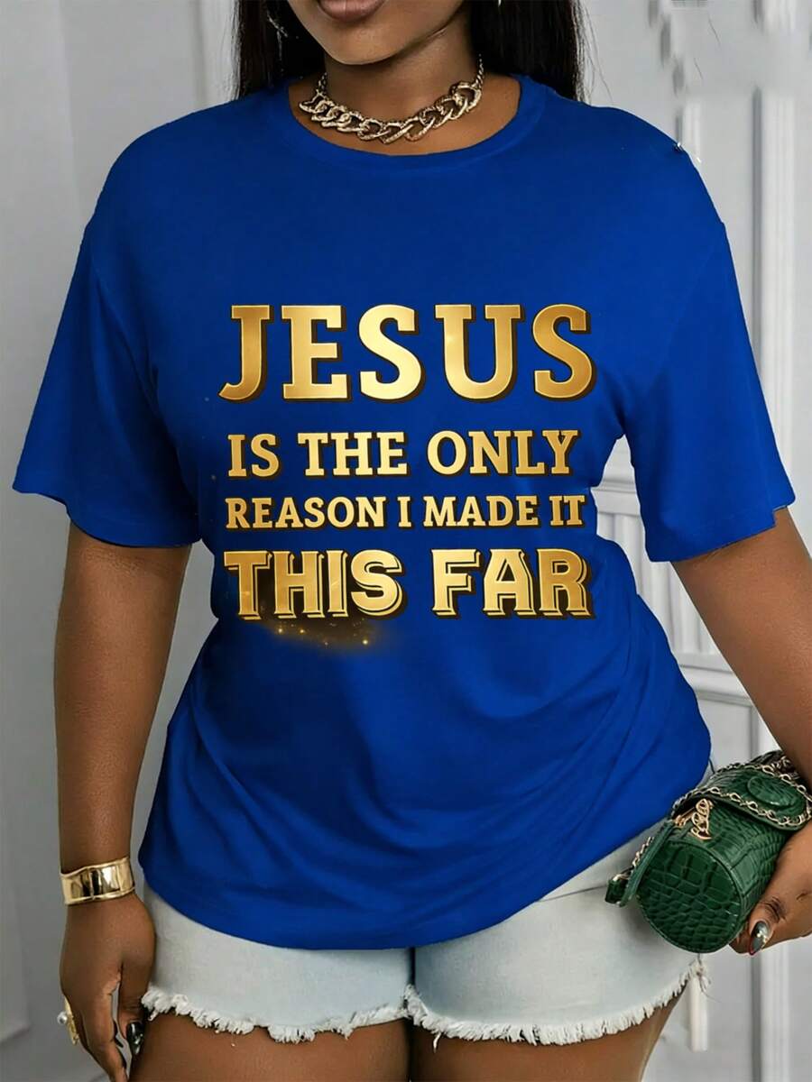 Camiseta Casual para Mujer con Estampado 'Jesus Is The Only Reason I Got This Way', Manga Corta, Cuello Redondo, Corte Regular, Primavera Verano Otoño, Lavable a Máquina, Regalo para Ella, Moda de Primavera, Top Versátil, Ropa Cómoda y Suave - Azul - Ver 1