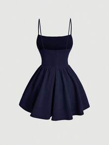 Elegante vestido de tirantes con fruncido en la cintura de color liso - Azul marino - Ver 2