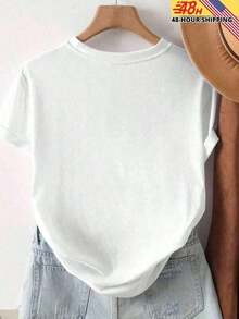 1 pieza Camiseta "More Amor Por Favor" para mujer, camiseta con estampado gráfico lindo, regalo, top casual suave de verano, imprescindible de moda, camiseta de manga corta con estampado de letras, casual para uso diario al aire libre, 180g, 100% algodón. - Blanco - Ver 2