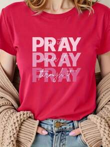 Camiseta Casual de Manga Corta para Mujer con Estampado de la Palabra "pray", Cuello Redondo, Talla Estándar, Ropa de Mujer, 100% Algodón. - Negro - Ver 7
