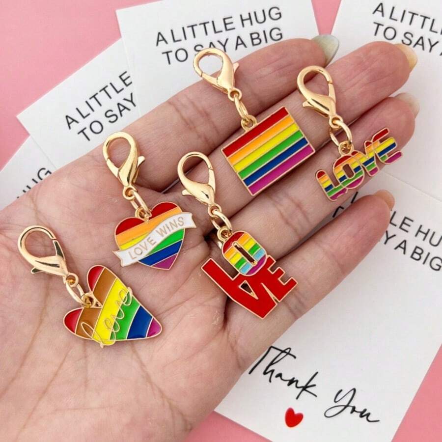 10个/5套“爱赢了”彩虹骄傲月LGBT+庆祝礼物,心形彩虹设计钥匙扣,耐用金属吊坠,配有心形和“爱”字吊坠,励志支持卡片,圣诞节、新年、生日、感恩节励志礼物 - 爱与关怀派对礼品,男女皆宜,可作包包配件 - 多色-A - 查看 1