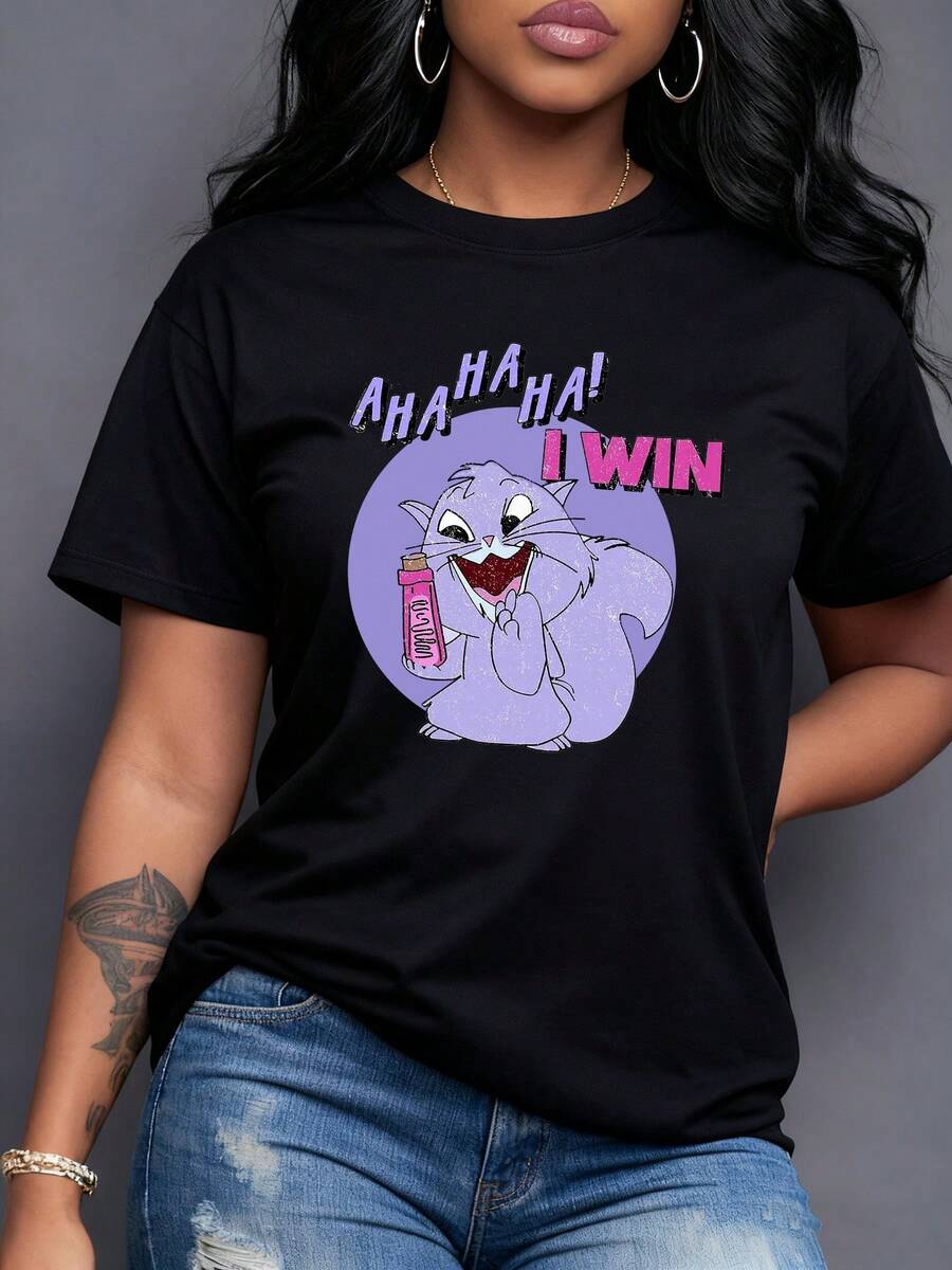 Gato caricaturesco riendo con la frase divertida I WIN" que transmite confianza y humor juguetón camiseta para mujer de corte casual cómoda y moderna - Negro - Ver 1