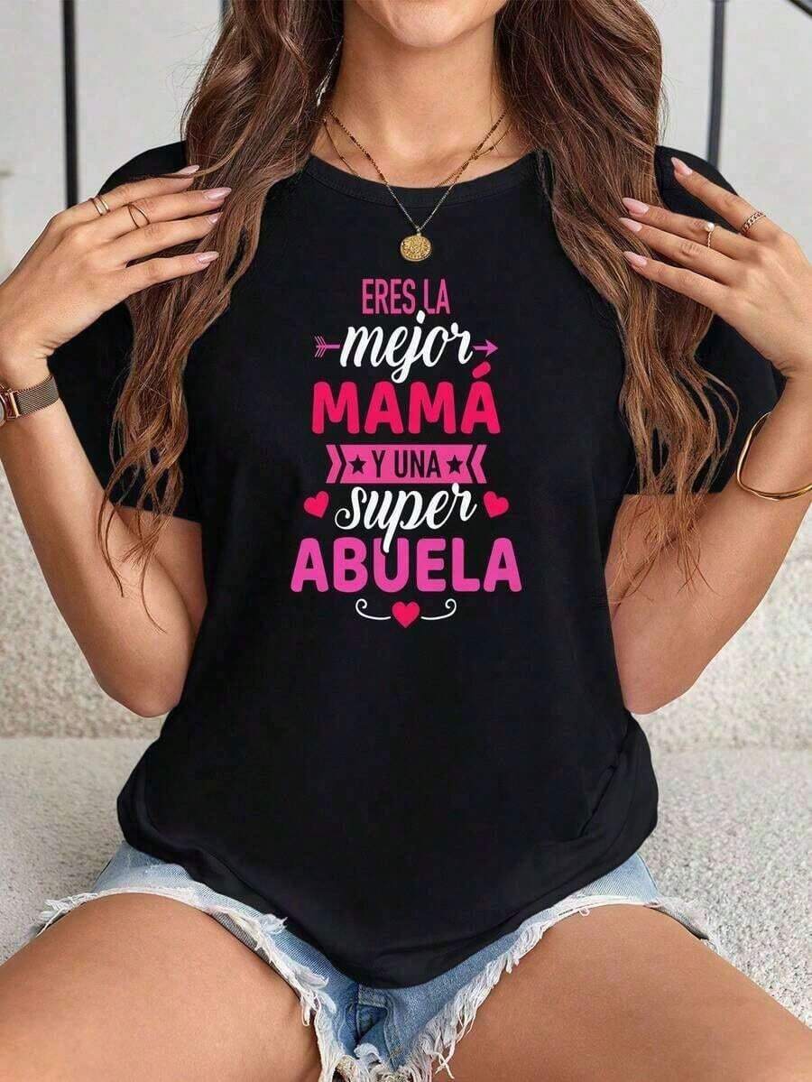 Conjunto para el Día de la Madre: Camiseta con Estampado "Eres La Mejor Mama Y Una Super Abuela" para Mujer - Cuello Redondo Casual, Manga Corta, Transpirable - Perfecta para Primavera Verano, Holgada y Cómoda. Camisetas para el Día de la Madre, 100% Algodón, blusas de mujer, camisetas de mujer de algodón. - Negro - Ver 1