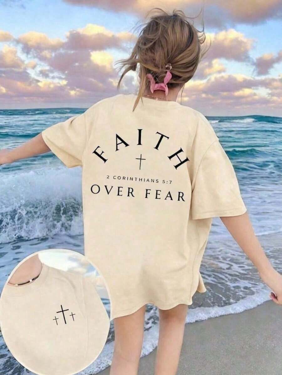 Women's "Faith Over Fear" T-Shirt With Bible Verse, Regular Fit, Christian Inspirational Graphic T-Shirt, Comfortable, Casual Short Sleeve 2026, Crew Neck, Faith Clothing, Pink, Summer 2026 - 杏子 2 - 查看 1