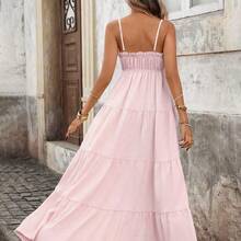 PariChic Women's French Style Vacation Spaghetti Strap Frill Trim Waist Fitted Long Textured Yellow Dress, Spring/Summer Yellow Maxi Dress Women Women Vacation Dress Yellow Sundress Women Long Sundress - Verde militar - Ver 9