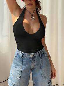 Blusa de verano casual de color rojo sólido, con escote en V profundo y espalda descubierta - Negro - Ver 3