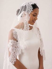 1 Pc Mantilla Cathedral Length 3M Wedding Veil Soft French Lace Applique Edge Ivory Bridal Veil With Comb For Bride - Ivory - View 10