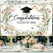 1pc Wildflower Graduation Banner Backdrop Watercolor Floral Class Of 2026 Graduation Decorations Congrats Grad Graduation Banner Happy Birthday Banner, Rainforest Decor, Father's Day Decorations, Graduation Banner, Eagle Decoration, Polyester Material - Multicolor - View 3