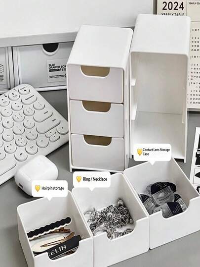 Drawer-Style Desktop Storage Box, Stationery & Planner Organizer, Dorm Desk Small Items Compartment Storage Bin, Minimalist 3-Grid Storage Box