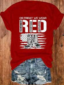 NewSummerCasualWomen's T-Shirt On Friday We Wear Red Remember Everyone Deployed Design For Women 4th Of July Outfit Women, S To 2XL Light And Not Stuffy Suitable For All Seasons Suitable For Daily Leisure Street Wear And Other Scenes,Elegant And Fashionable With Feminine Charm. Ideal For Holiday Gifts. Saint Patrick's Day, Mother's Day, Valentine's Day Gifts. Suitable For Spring And Summer Seasons. Refreshing, Exquisite And Magnificent. Suitable For Casual, Sports, Vacation, Travel, Beach Wear And Daily Wear. Versatile And Suitable For All Occasions. Elegant Women's Sets, Shirts, Pink Summer Outfits, Vacation Outfits For Women.-Vintage Street Style Unisex Loose Cotton Short Sleeve Crew Neck T-Shirt - Rojo - Ver 2