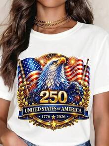 United States Of America 250th Anniversary Eagle And Flag T-Shirt 1776 To 2026 Independence Day Celebration Patriotic Graphic Tee For Men Women Unisex Adult SizeRopa De Mujer / Ropa De Mujer De Uso Diario / Blusas, Camisas Y Camisetas De Mujer / Camisetas De Mujer Ropa Deportiva Basicos Mujer Short Playeras Para Hombre - Blanco - Ver 1