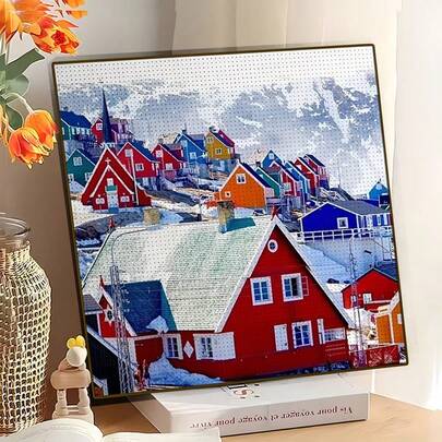 1pc New 5D Round Acrylic Diamond Painting, Featuring Colorful Greenland Village Theme, Mosaic Craftsmanship. Suitable For Home Wall Decor, Handmade Artwork. Gift For Girlfriend, Parents, Friends On Holidays To Convey Heartfelt Wishes, Let Art Illuminate Life And Bring Unique Beauty And Warmth To Space. No Frame
