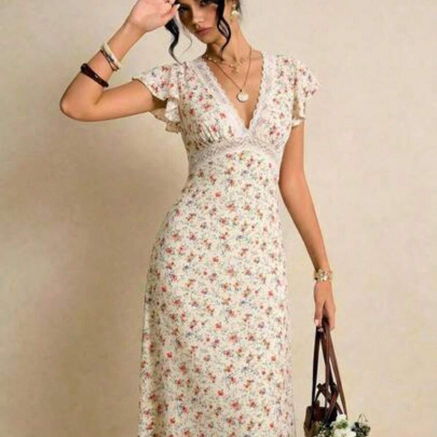 Women's Floral Print V-Neck Elegant Waist Cinched Party & Casual Dress - Multicolor - Ver 1