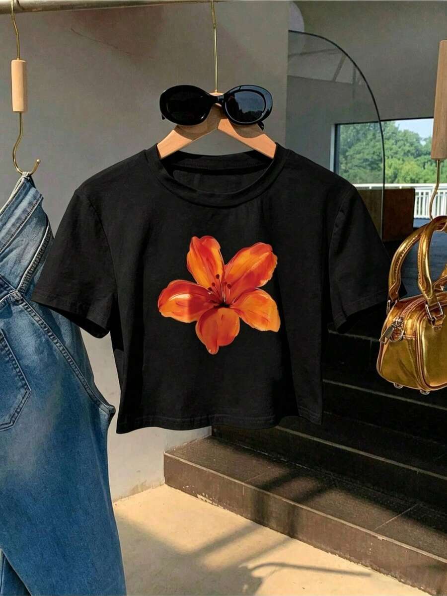 Women's Crop Top Double-Layer Orange-Red Hibiscus Flower Tee, Short Sleeve Round Neck Slim Fit Casual Shirt, Lightweight Stretchy For Beach & Layering - 黑色 - 查看 1