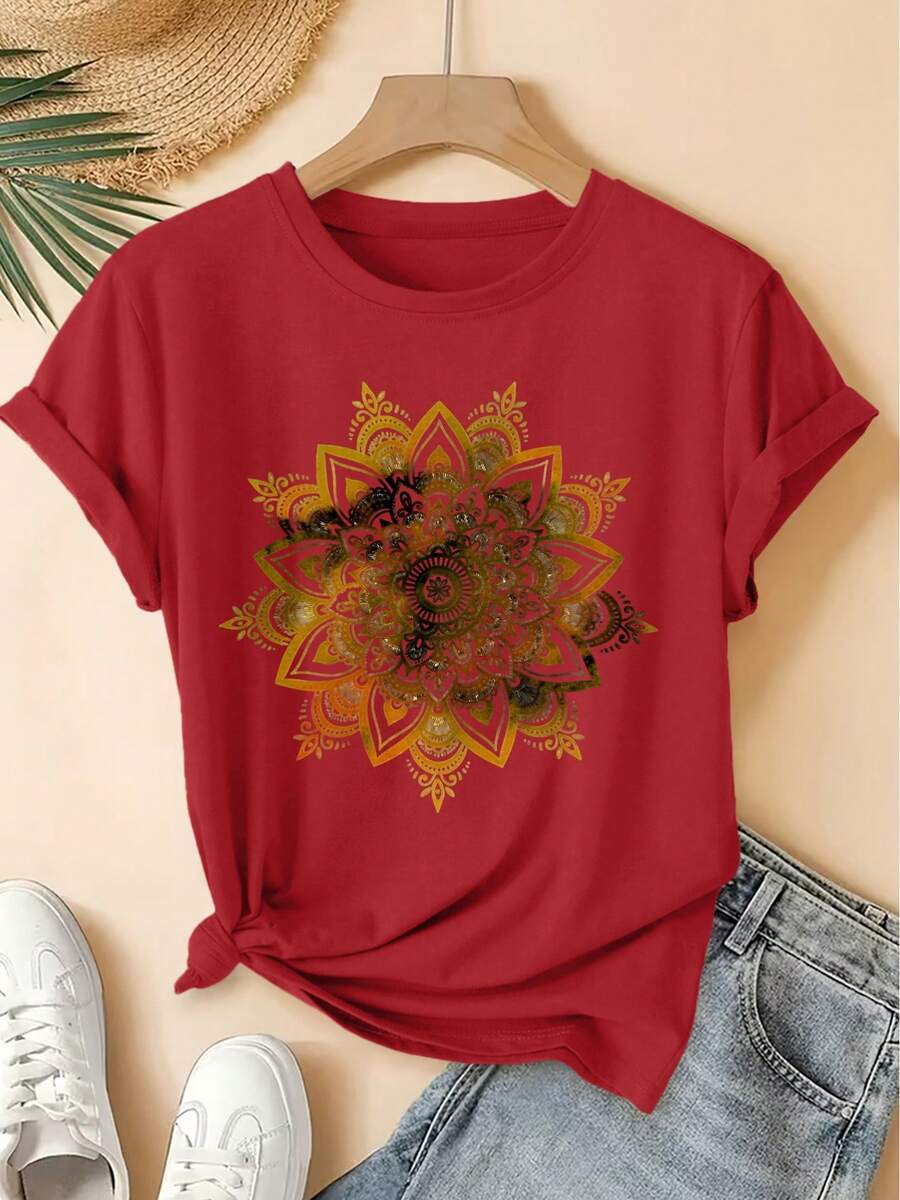 Spring/Summer 2026, New Women's Short Sleeve T-Shirt With Round Neck And Gradient Mandala Print, Distressed Vintage Style, Casual Sports Top, Soft Knit Fabric, High-Quality Women's Clothing. | Fun And Original Design | Fun And Youthful T-Shirt - Unisex Vintage Urban Style, Loose Fit, Cotton, Short Sleeve And Round Neck - 紅色 - 查看 1