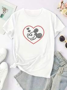 Casual Crew Neck T-Shirt With Heart-Shaped Mouse Print - Women's Y2K Style Short Sleeve T-Shirt, Comfortable For All Seasons, Machine Washable, Fashionable Outfit Made Of High-Quality Fabric [1]-Unisex Cotton Loose Fit Short Sleeve Crew Neck Urban Vintage Style T-Shirt - 白色 - 查看 2