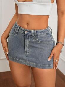 Minifalda de mezclilla ajustada y de tiro bajo lavada, con estilo callejero sexy para el verano - Azul lavado medio 2 - Ver 1