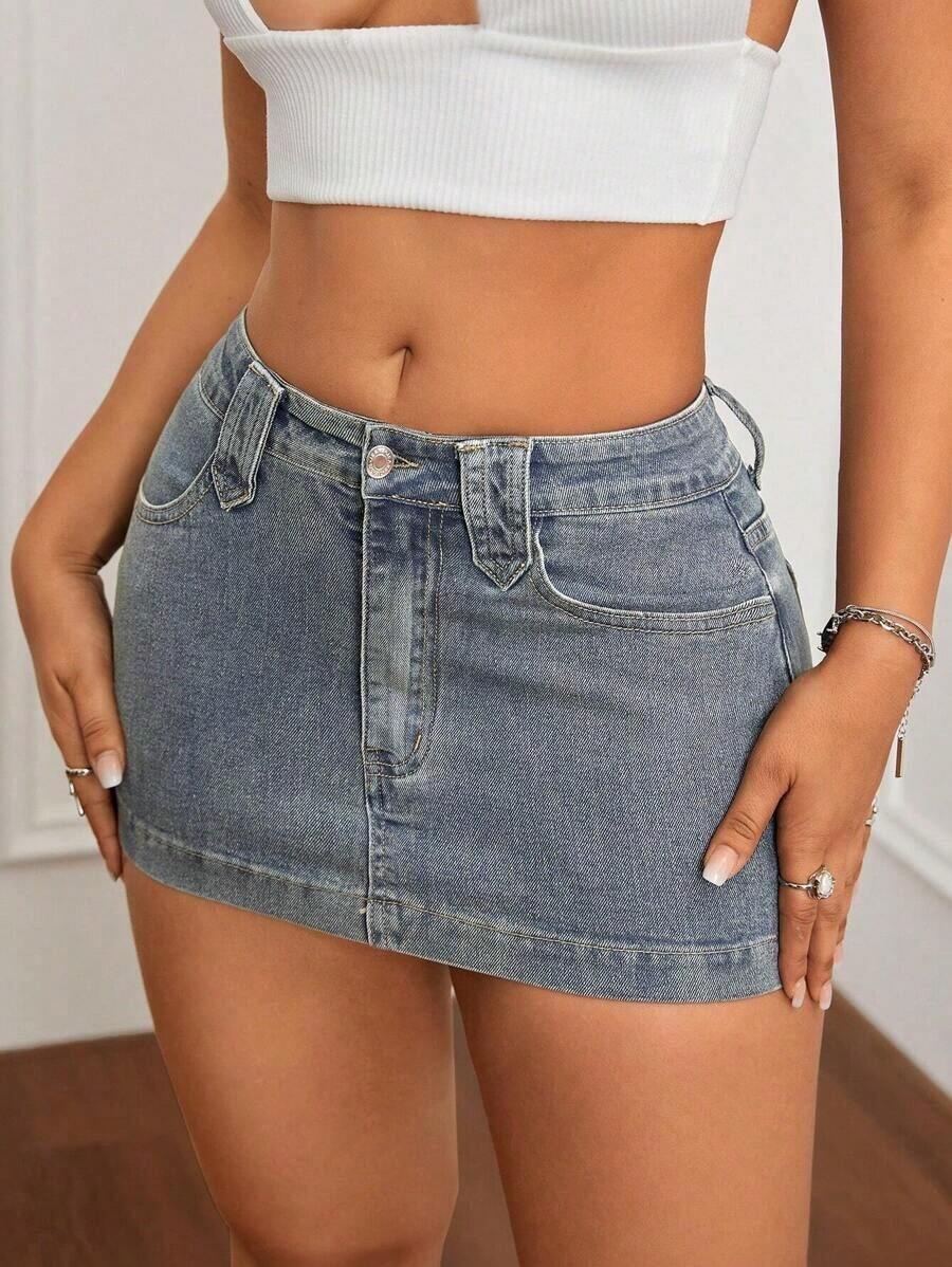 Minifalda de mezclilla ajustada y de tiro bajo lavada, con estilo callejero sexy para el verano - Azul lavado medio 2 - Ver 1