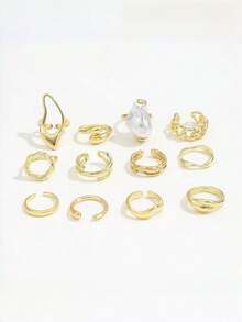 12pcs Vintage Baroque French Asymmetrical Faux Pearl Rings Set, Multi-Element Geode Line Asymmetrical Stackable Rings, Suitable For Women's Daily Wear, Parties, Gifts - Yellow Gold - View 4