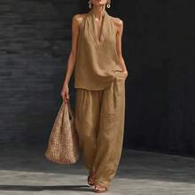 Women's Plus Size Two-Piece Suit With V-Neck And Straps, Made Of A Linen And Cotton Blend, Ideal For The Office And Summer, Current Fashion - Caramel - View 6