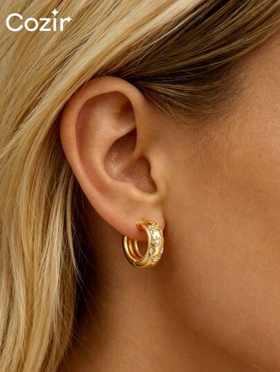 Khuyên tai vòng ôm sát tai kiểu dáng cổ điển, mạ vàng, đính đá Cubic Zirconia hình ngôi sao, trang sức thời trang để đeo hàng ngày và làm quà tặng.