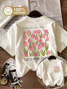 Women's Clothing [Double-Sided Print] Women's Summer Casual T-Shirt Simple Style Tulip Green Leaf Print FLOWER MARKET NETHERLANDS Round Neck Pure Cotton Short Sleeve [Ling K] Women's Shirts - 杏色 - 查看 6