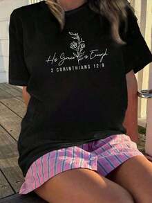 Camiseta con Estampado de Letras, Manga Corta, Cuello Redondo, Top Casual para Primavera/Verano, Personalizada, 100% Algodón - Negro - Ver 7