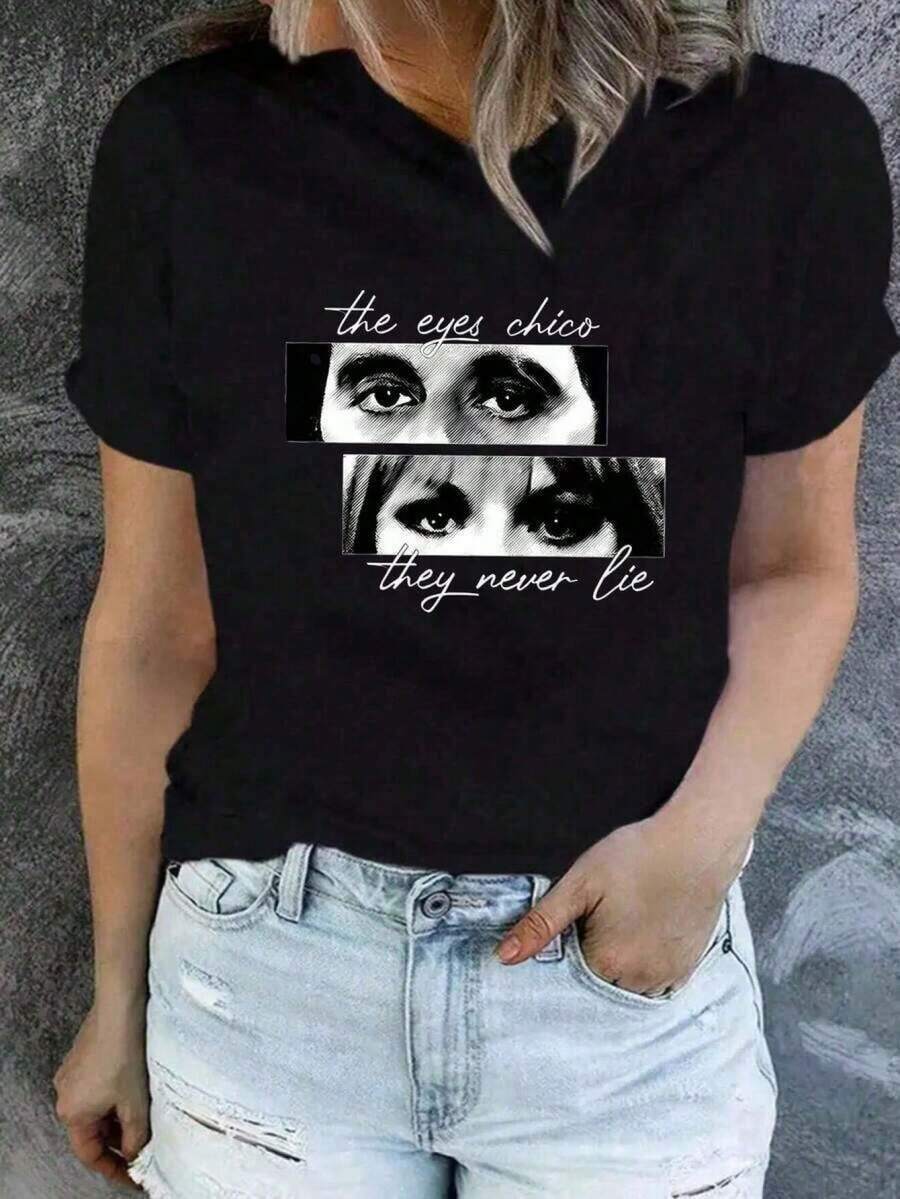 Nueva camiseta de manga corta suelta para mujeres con patrón de letras y blusa casual para mujeres con camiseta de manga corta STKW - Negro - Ver 1