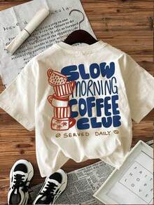 [Double-Sided Print] Women's Fashion Spring-Summer T-Shirt, Hand-Painted Style, Coffee Cup Print, SLOW MORNING COFFEE CLUB SERVED DAILY, Round Neck, Short Sleeve, 100% Cotton Women's T-Shirt [Chu K], Short Sleeve Graphic Print Streetwear Style T-Shirt For Summer - 杏色 - 查看 4