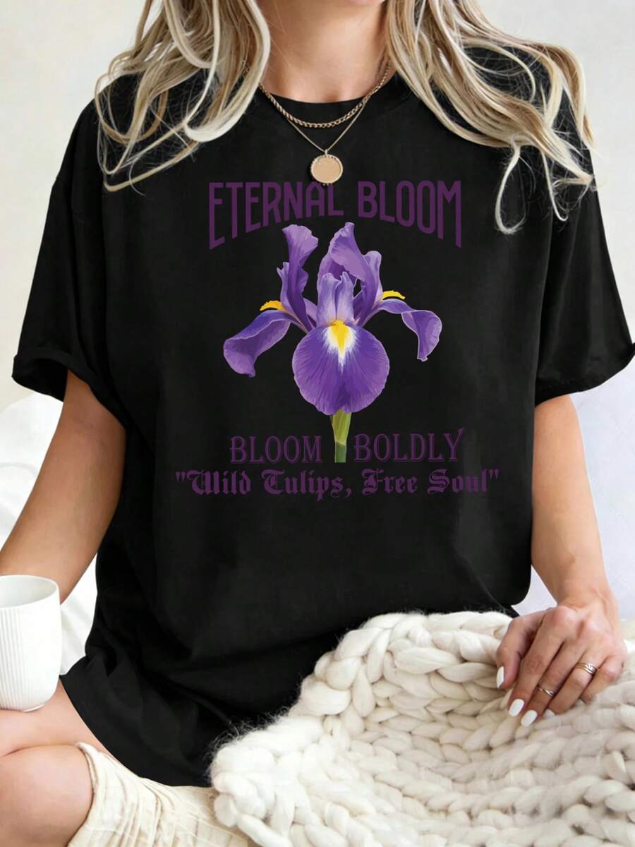 Women's T-Shirt With Purple Floral Print, Round Neck, Short Sleeve, Y2K Casual Streetwear Design, Ideal For Summer - 黑色 - 查看 1