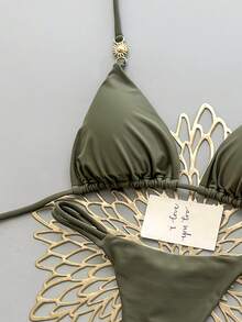 两件套休闲优雅性感波西米亚风印花系带编织撞色滚边比基尼泳衣，适合海滩度假、春夏穿着 - 深灰色 - 查看 4
