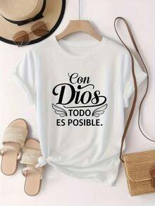 100% cotton Camiseta casual para damas, de color blanco, con estampado gráfico, cuello redondo, mangas cortas y corte regular.Es muy adecuada para el estilo de moda diario y el atuendo al aire libre. - Negro - Ver 1