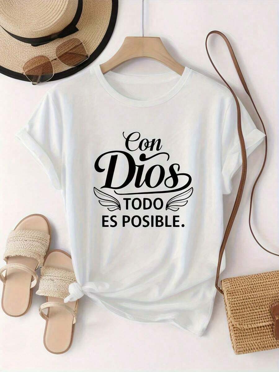 100% cotton Camiseta casual para damas, de color blanco, con estampado gráfico, cuello redondo, mangas cortas y corte regular.Es muy adecuada para el estilo de moda diario y el atuendo al aire libre. - Negro - Ver 1