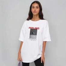 Camiseta de manga corta con estampado de letras FEELING para mujer, estilo retro americano, holgada e informal, para el verano de 2026. - Blanco - Ver 2