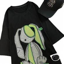Camiseta de manga corta de algodón puro, resistente, con pedrería, de alta gama, nueva colección de verano 2024, moda femenina, de gran , holgada y de marca de moda. - Negro - Ver 6