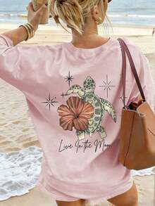 Women's Summer T-Shirt, Turtle, Floral And Letter Print, Round Neck, Casual, Loose Fit, For Beach Vacation, White Blouses For Women Clothing - 淺粉色 - 查看 1