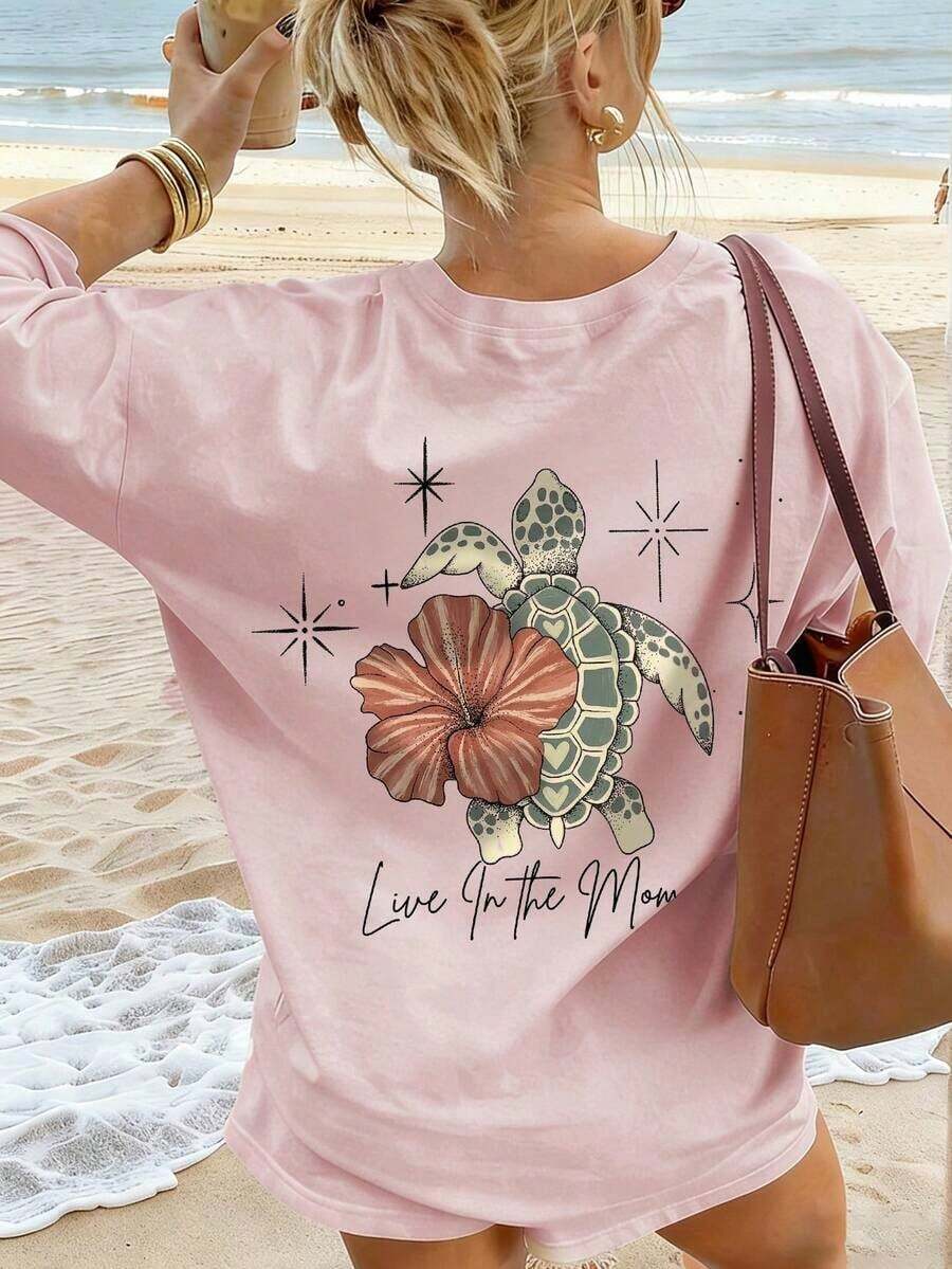 Women's Summer T-Shirt, Turtle, Floral And Letter Print, Round Neck, Casual, Loose Fit, For Beach Vacation, White Blouses For Women Clothing - 淺粉色 - 查看 1